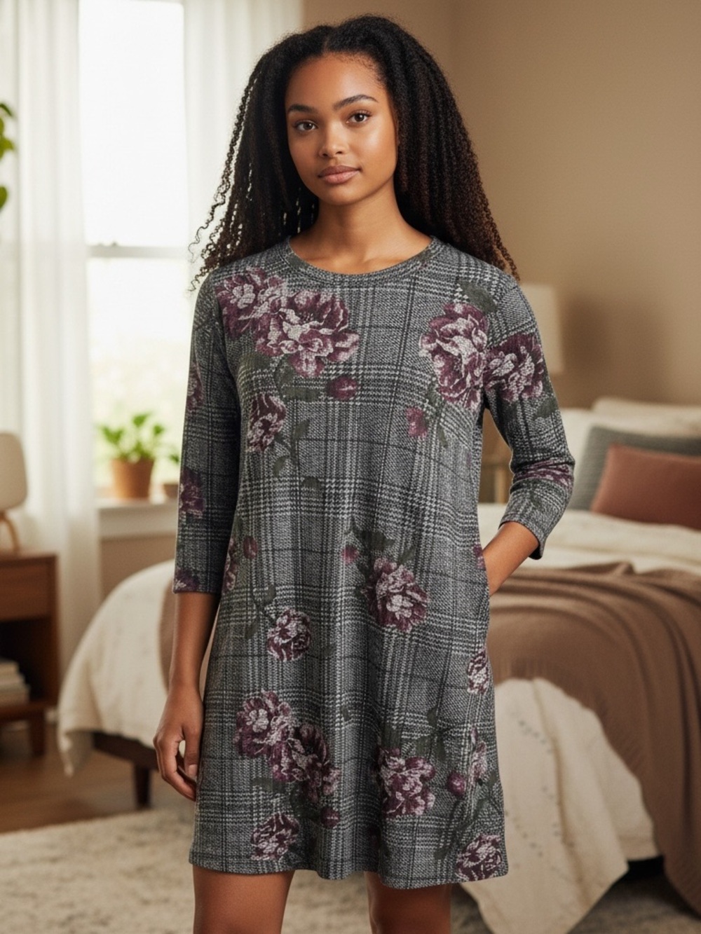 Apt. 9 Gray Plaid Knit Dress with Mauve Floral Print